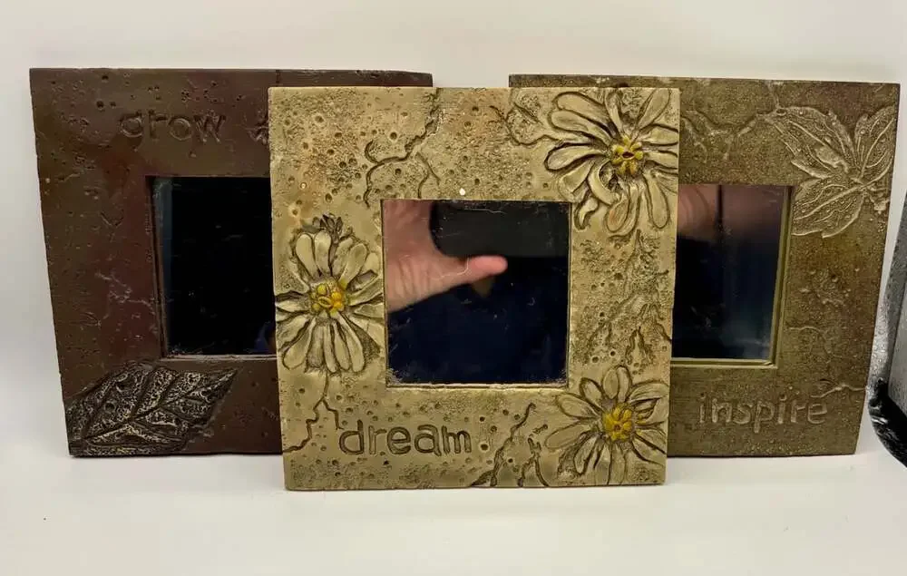 Set of 3 Small Hanging Wall Accent Mirrors Square Stone Texture with Quotes